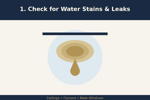 Illustration reminding home buyers to check for water stains and leaks on ceilings and near windows