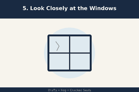 Illustration of a window with a crack reminding buyers to check windows for drafts and fogging