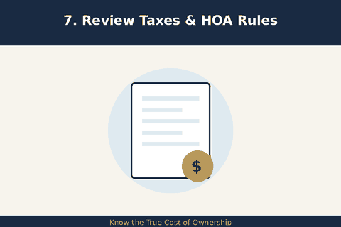 Illustration of a document and dollar sign reminding buyers to review property taxes and HOA rules