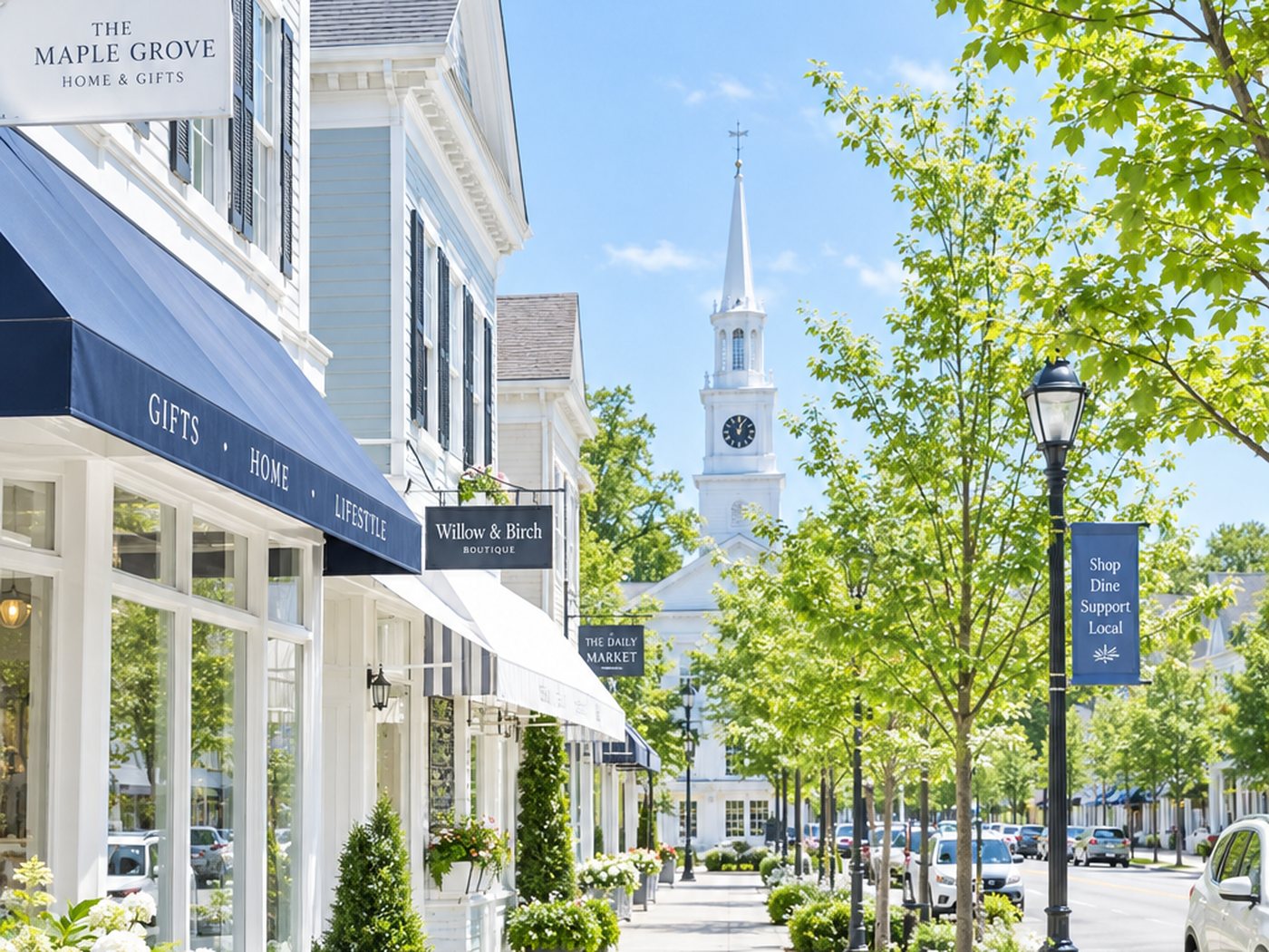 Historic downtown street with shops and a white church steeple in a New Jersey town