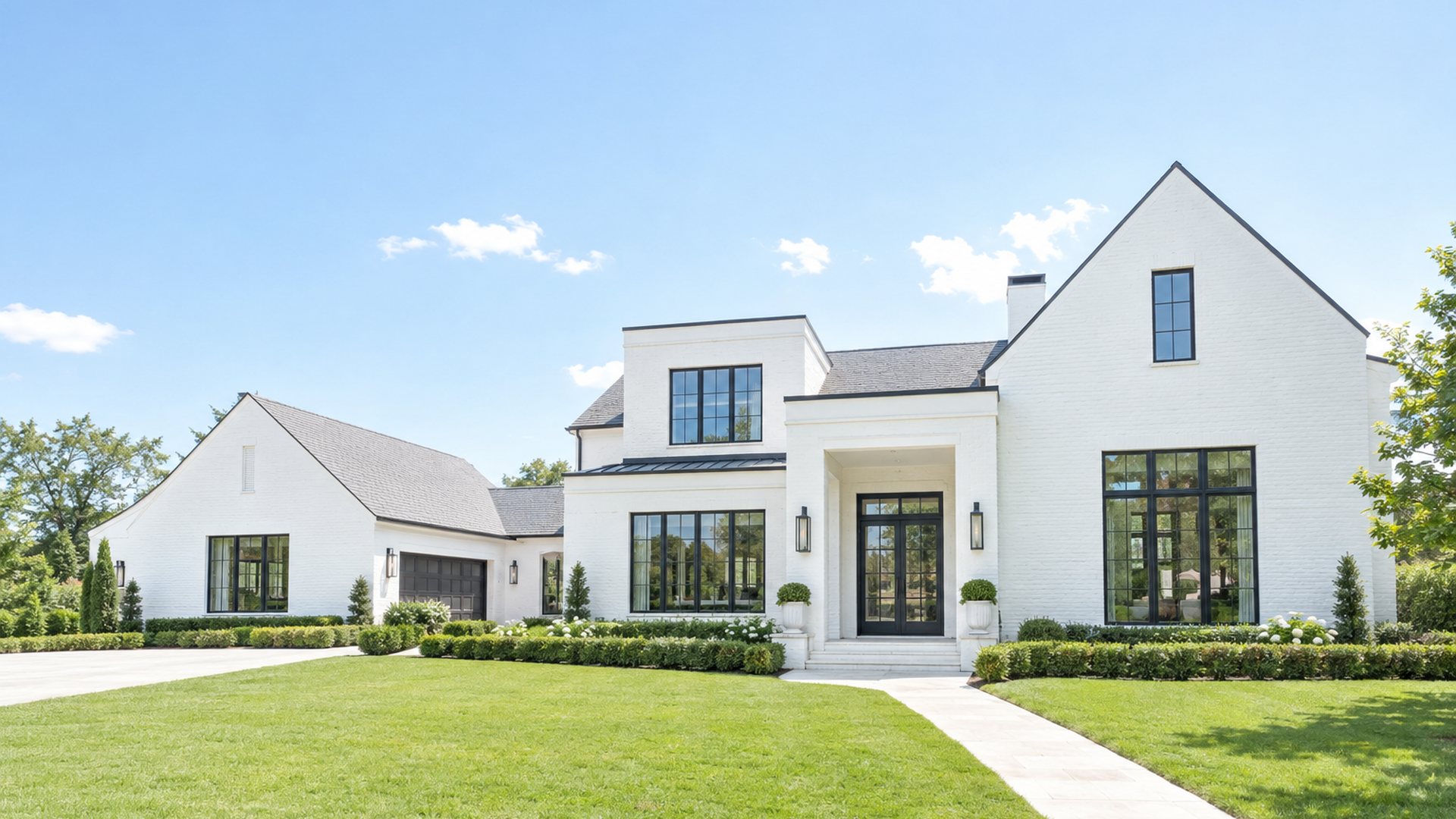 White brick modern farmhouse-style single-family home with black-framed windows