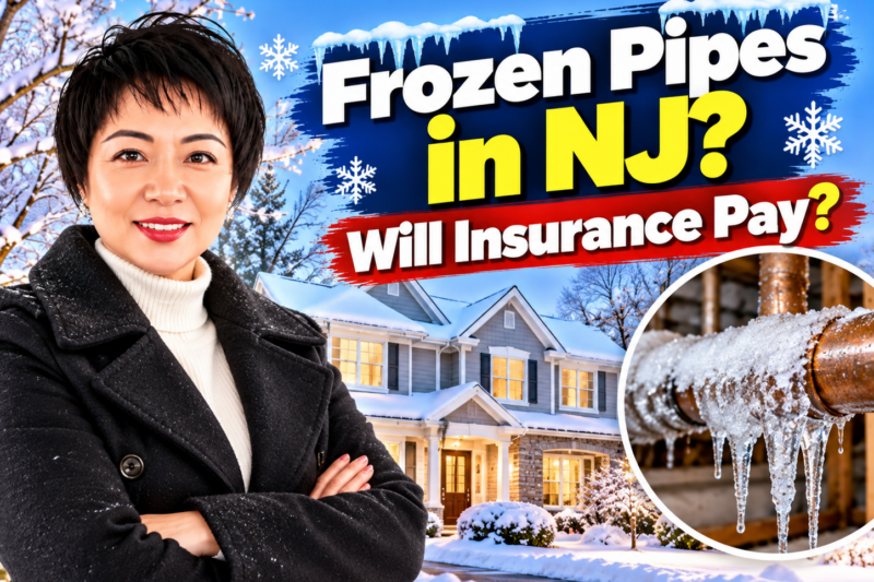 Jasmine Tsui explains whether New Jersey homeowners insurance covers frozen pipes and winter water damage, featuring a snow-covered NJ home and frozen plumbing.