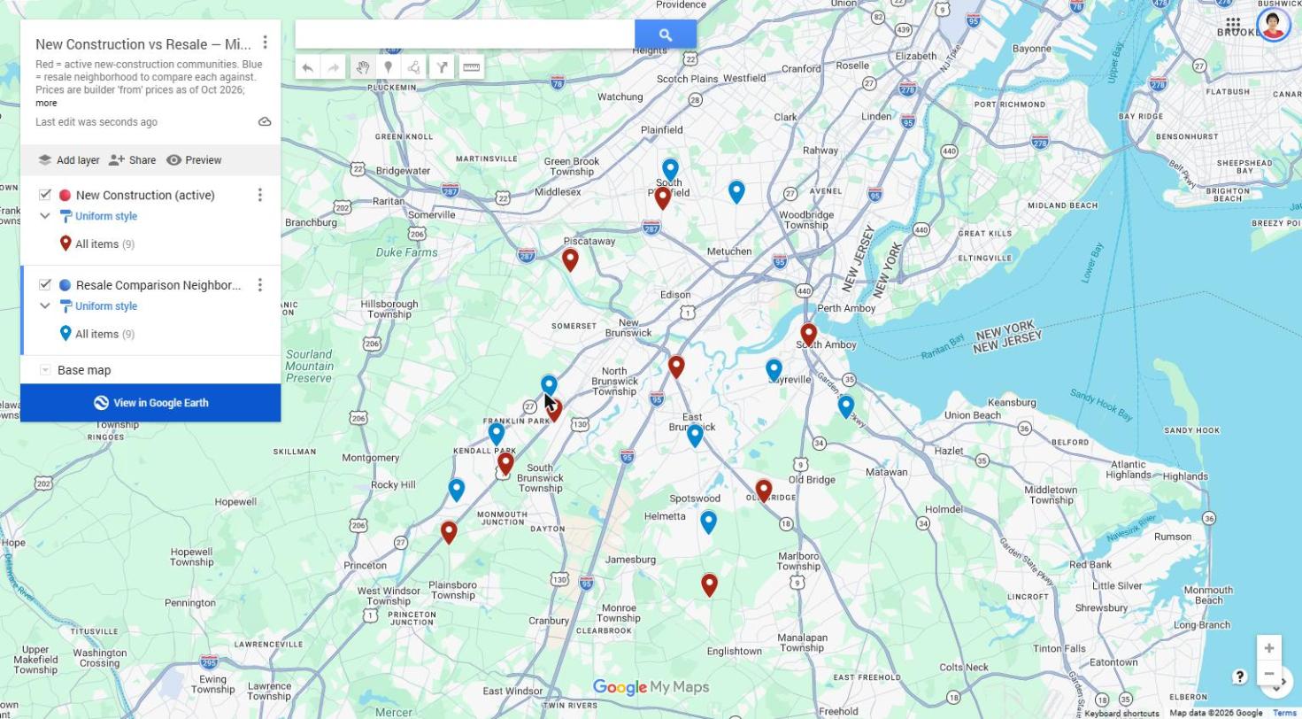 Map of active new construction communities in Middlesex County NJ with nearby resale comparison neighborhoods in Edison, Metuchen, East Brunswick, South Brunswick and Plainsboro