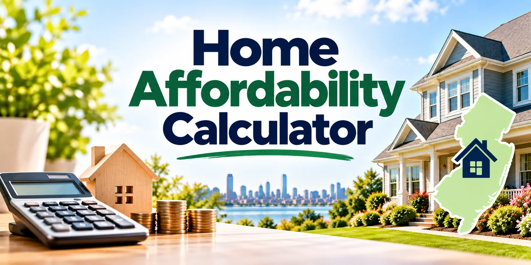 New Jersey home affordability calculator showing a calculator, coins and a Central Jersey home